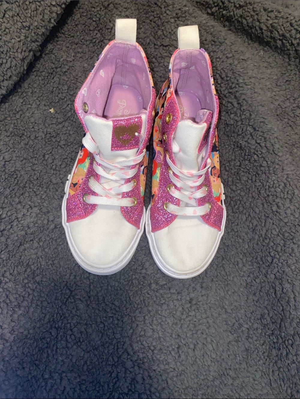 Disney Princess Pink Glitter and White High-Top Sneakers with Characters Print